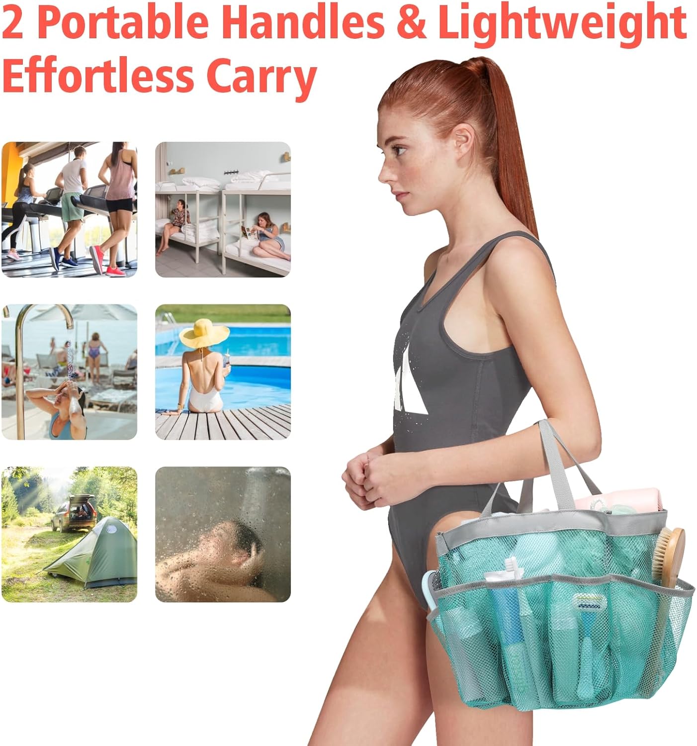 F-color Mesh Shower Caddy Portable - 2 Handles Upgrade Deeper 7 Pockets Basket Bag Tote for College Dorm Room Toiletry Bathroom Essentials Gym Camp Quick Dry with S Hook, 2 Pack, Black & Mint Green