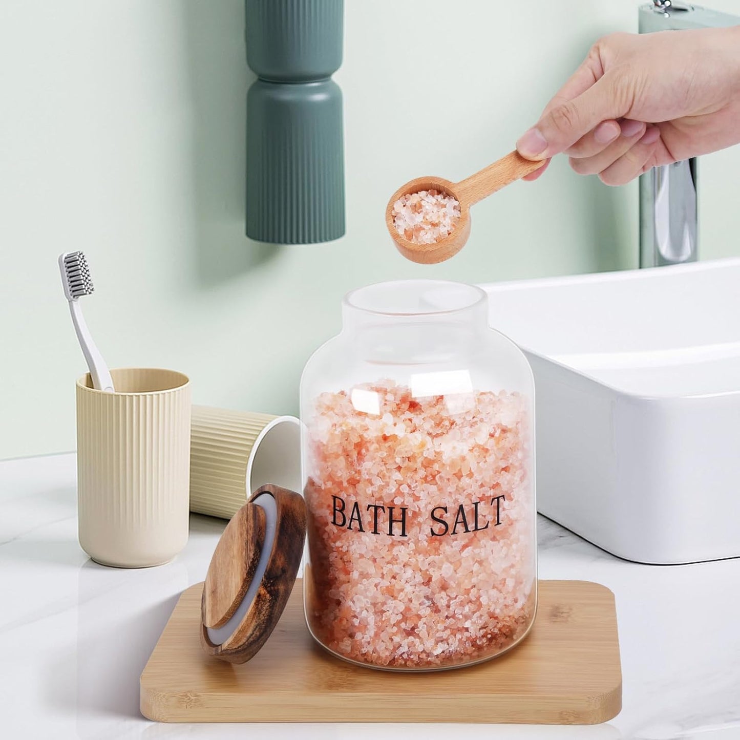 74 oz Glass Bath Salts Jar,Bath Salt Container with Wooden Lid and Scoop,Bathroom Organizers and Storage,for Bathroom Bath Decor,Home Decor,Bathtub Accessories for Women