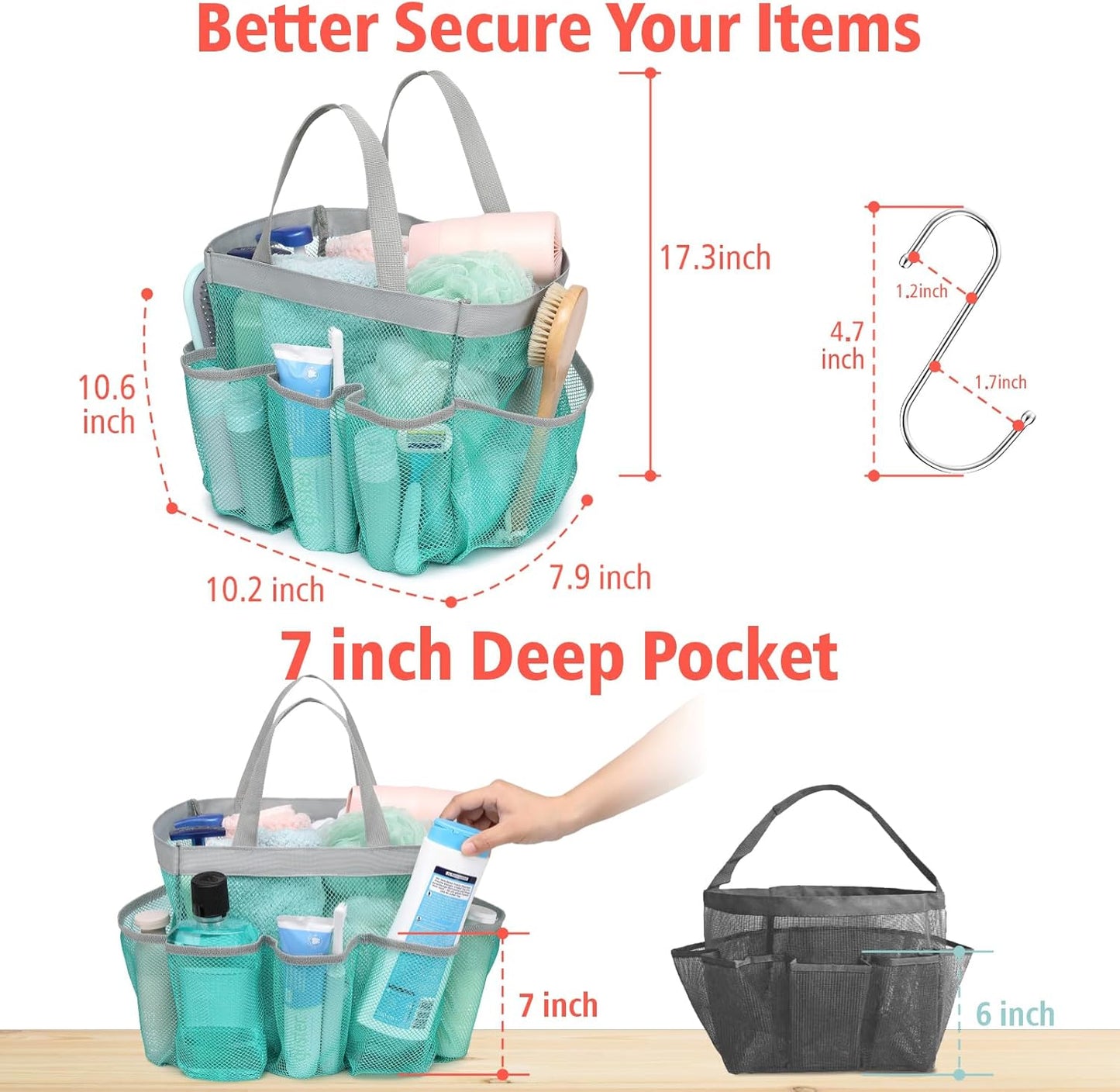 F-color Mesh Shower Caddy Portable, Upgrade Deeper 7 Pockets Shower Bag Basket Bag for College Dorm Room Toiletry Bathroom Essentials Gym Camp Quick Dry 2 handles with S Hook, Mint Green