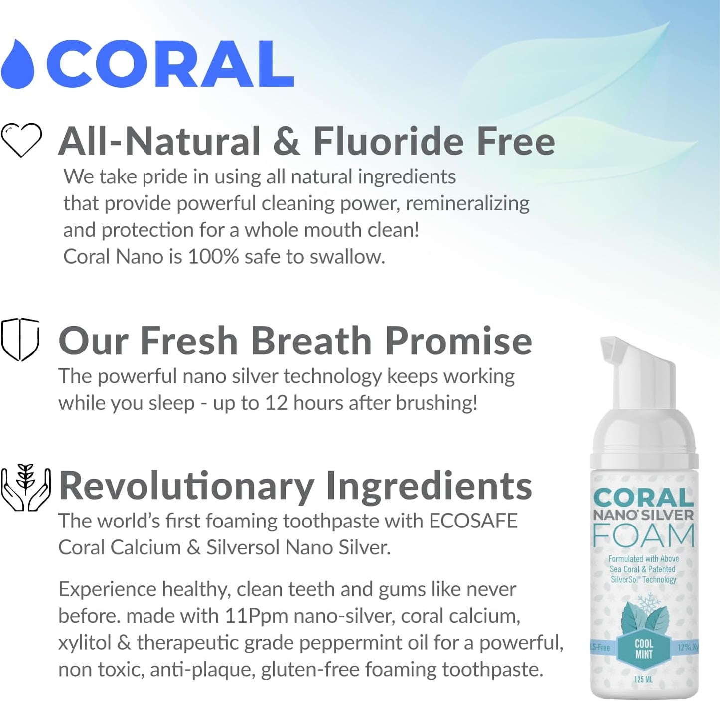 Coral Nano Silver Foaming Toothpaste, Natural Fluoride Free Toothpaste, SLS and Glycerin Free, Cool Mint, 4 Ounce