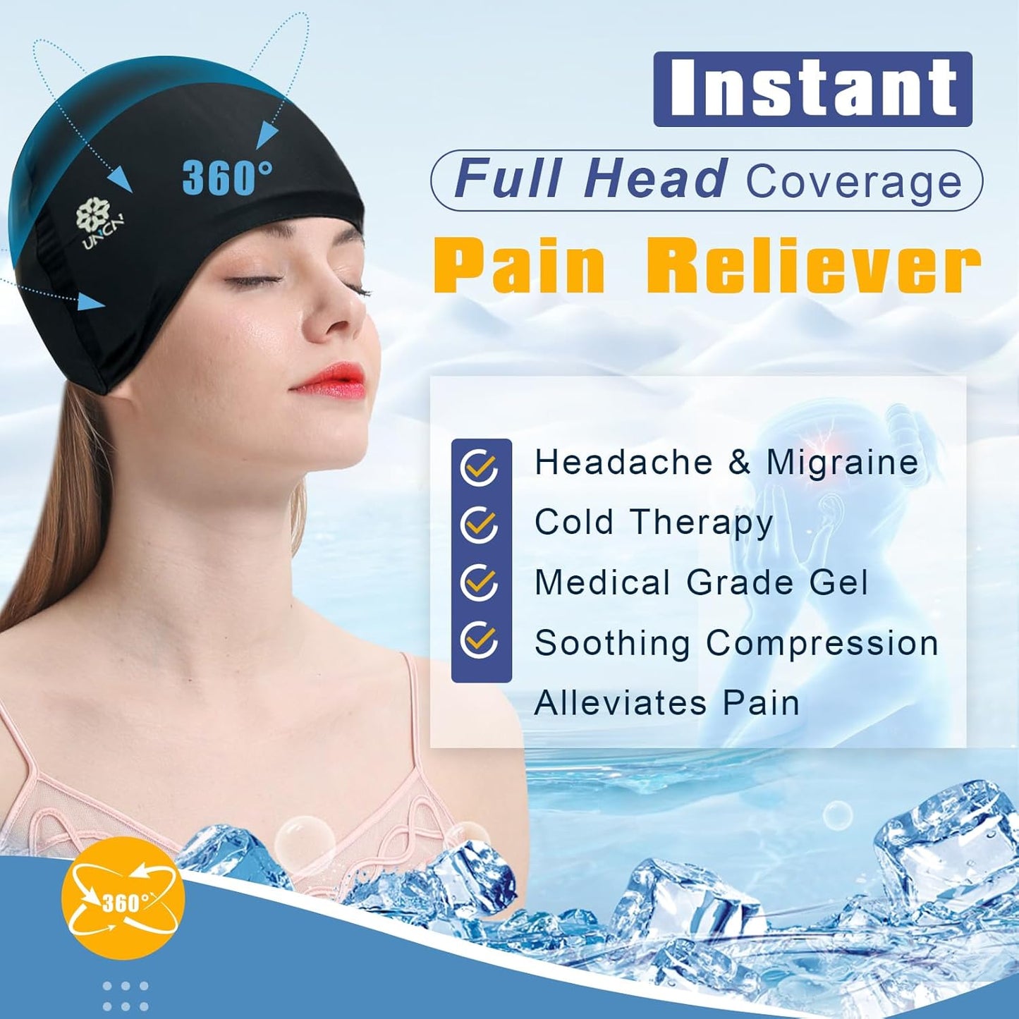 uncn Full Head Migraine Relief Hat, Ice Headache Wrap for Migraine Cooling Cap Pack Hat Compress Pad Cold Therapy for Stress, Tension, Sinus Pain Relief Reusable Physical Relief