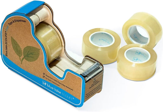 Blue Lake ECOLIFE Tape Dispenser Desk，Plastic-Free Tape Dispenser with 4 Rolls 3/4 in x 640 in Transparent Tape, Tape Dispenser Desk for Gift Wrapping, Office, Home, School