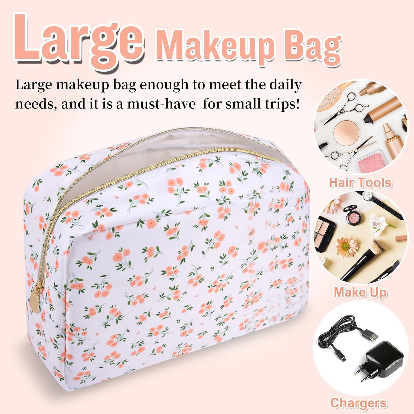 Nylon Large Floral Makeup Organizer Bag, Preppy Big Cute Flower Cosmetic Zipper Pouch Multi-compartment with Dividers, Waterproof Toiletry Makeup Brushes Bag Travel Essentials for Women(White-Floral)