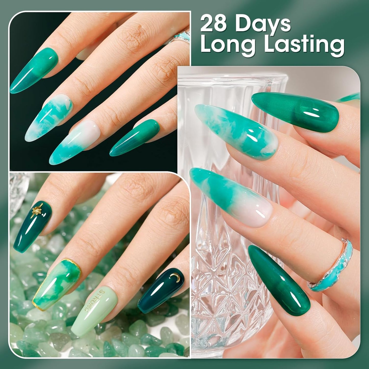GELLEN Green Jelly Gel Nail Polish, Sheer Emerald Jade Glass Ice UV Light Gel Polish, Transparent, No Wipe, Soak Off, for Women Girls Manicure Salon Home