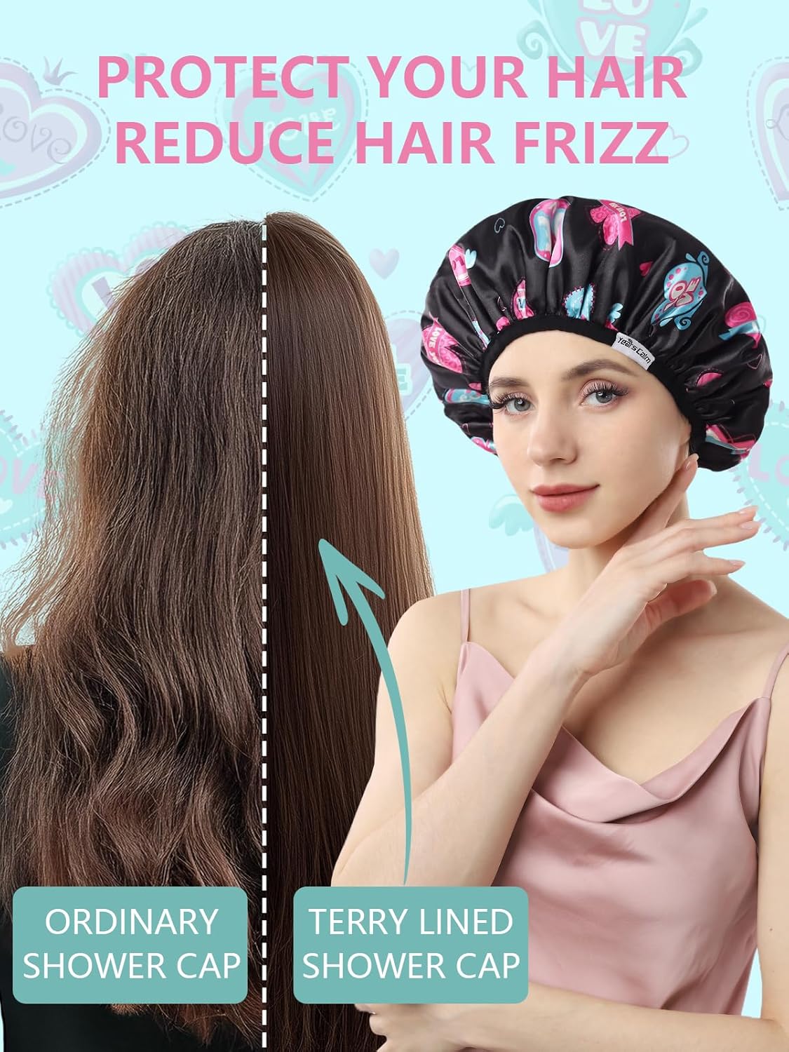 Years calm Terry Lined Shower Cap, Triple Layer Heart Motifs,Waterproof Reusable Elastic,Hair Shower Cap for Women,Terry Cloth Shower Caps for Spa,Clean,Trave (Black, One Size)