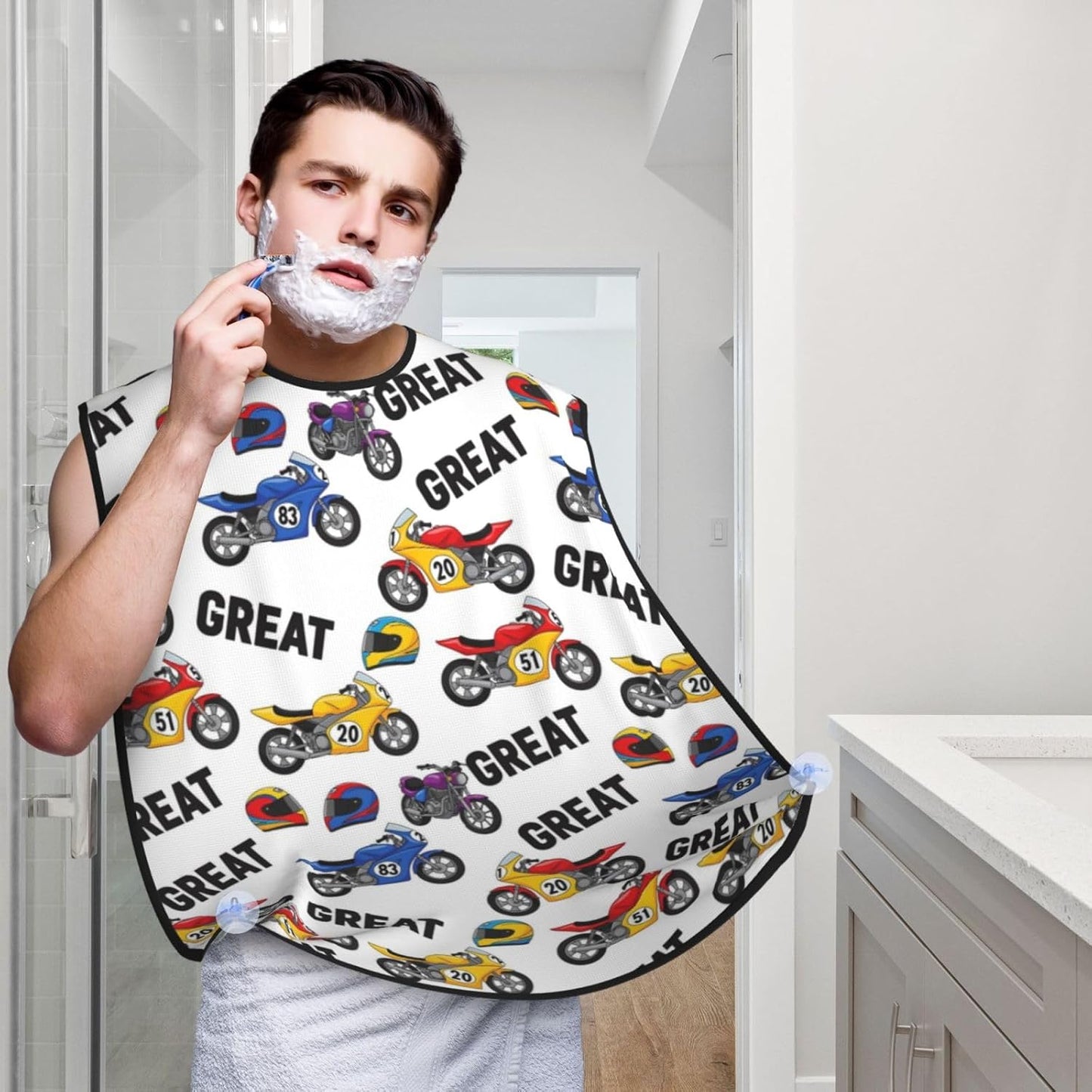 Beard Bib with 3 Suction Cups, Non-Stick Waterproof Hair Catcher Apron, Men's Shaving Essential for Grooming, Vintage Motorcycle Racing Dirt Bike Shave Bib