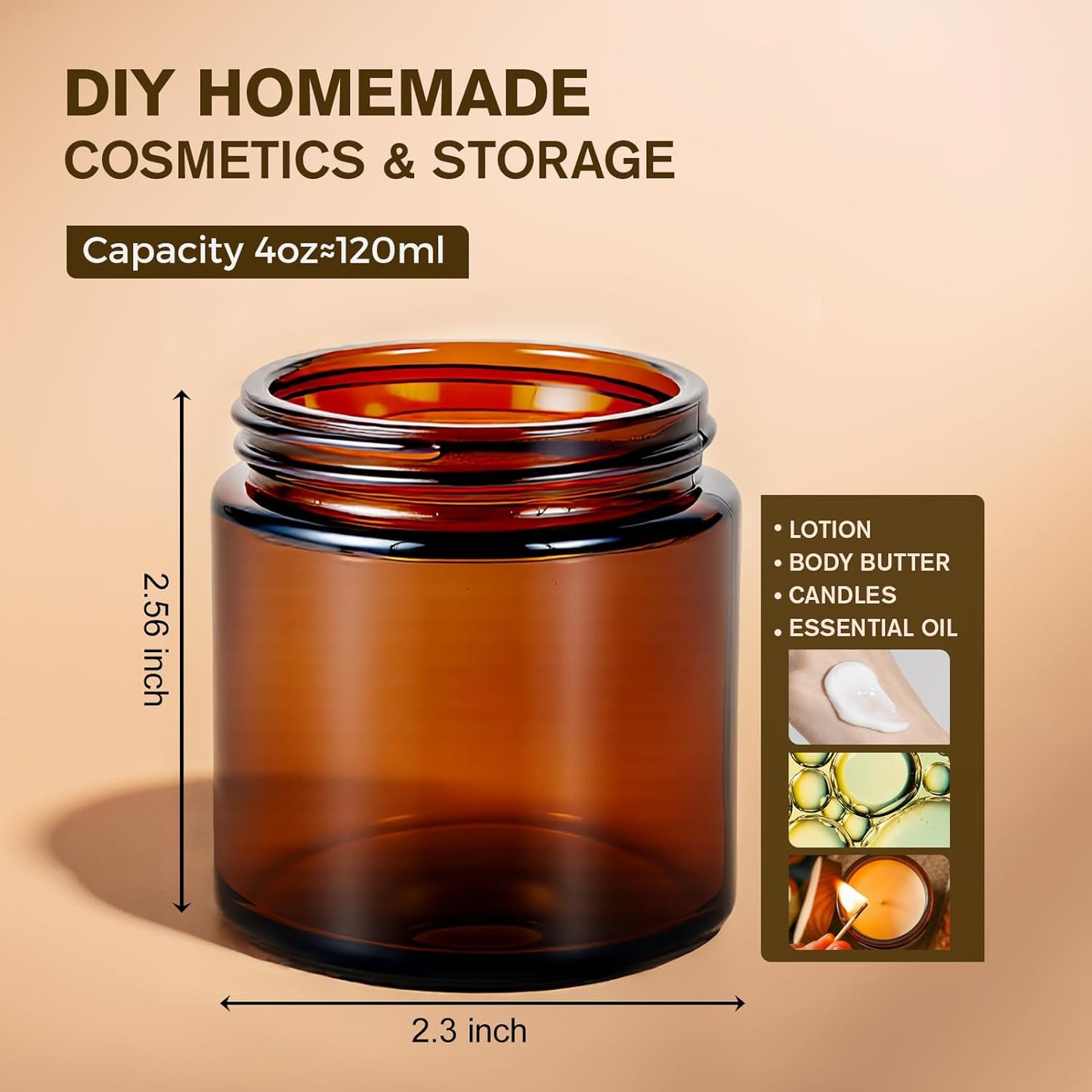 4 oz Glass Jars with Lids, Hoa Kinh 2 Pack Amber Small Glass Jars with Black Lids Empty Cosmetic Containers Airtight Round Glass Jar for Lotions, Powders and Ointments