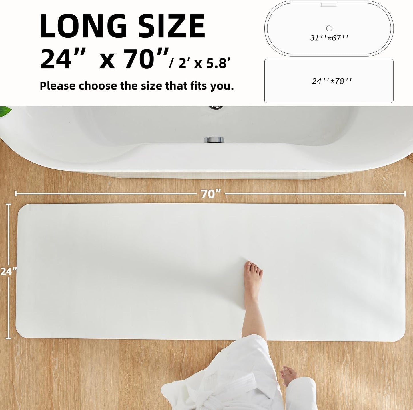 White Bath Mat, Bathroom Rugs Non Slip Washable Thin Absorbent Quick Dry Bath Mat Fits Under Door Bathroom Floor Mat Perfect for Bath, Shower, or Sink 24"x70" White