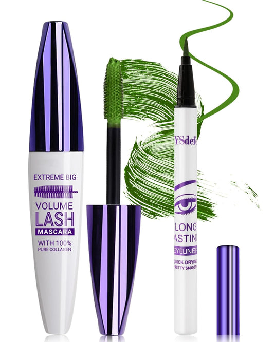 Green Mascara Liquid Eyeliner Set, Update Longlasting Waterproof Color Eye Liner Pen, 5D Silk Fiber Colored Mascara Volume and Length, Halloween Party Stage Use Eye Makeup Gift Kit for Women Girl-06