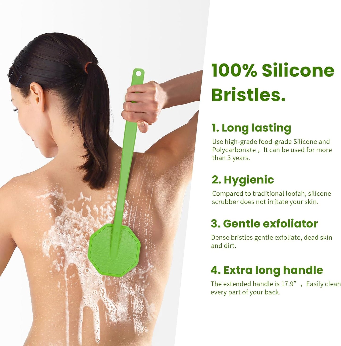 iTokGoK® Silver-Infused Silicone Back Scrubber with Long Handle Back Brush for Shower,Back Brush Long Handle for Men and Women,Ergonomic No-Slip Handle, Long-Lasting (Green)