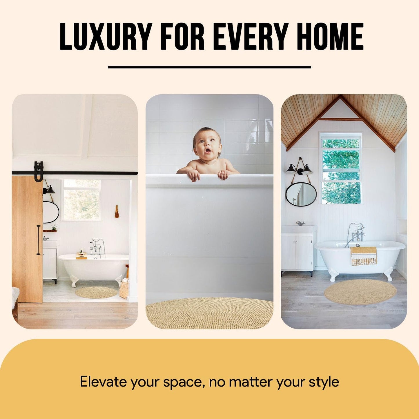 MAYSHINE Round Area Rug Set for Bathroom | Soft Plush Chenille Bath Mat, Water Absorbent Non-Slip Bathroom Rug | Washable Shag Carpet for Shower, Bedroom, or Home Décor | 36"x36" (Round) | Beige