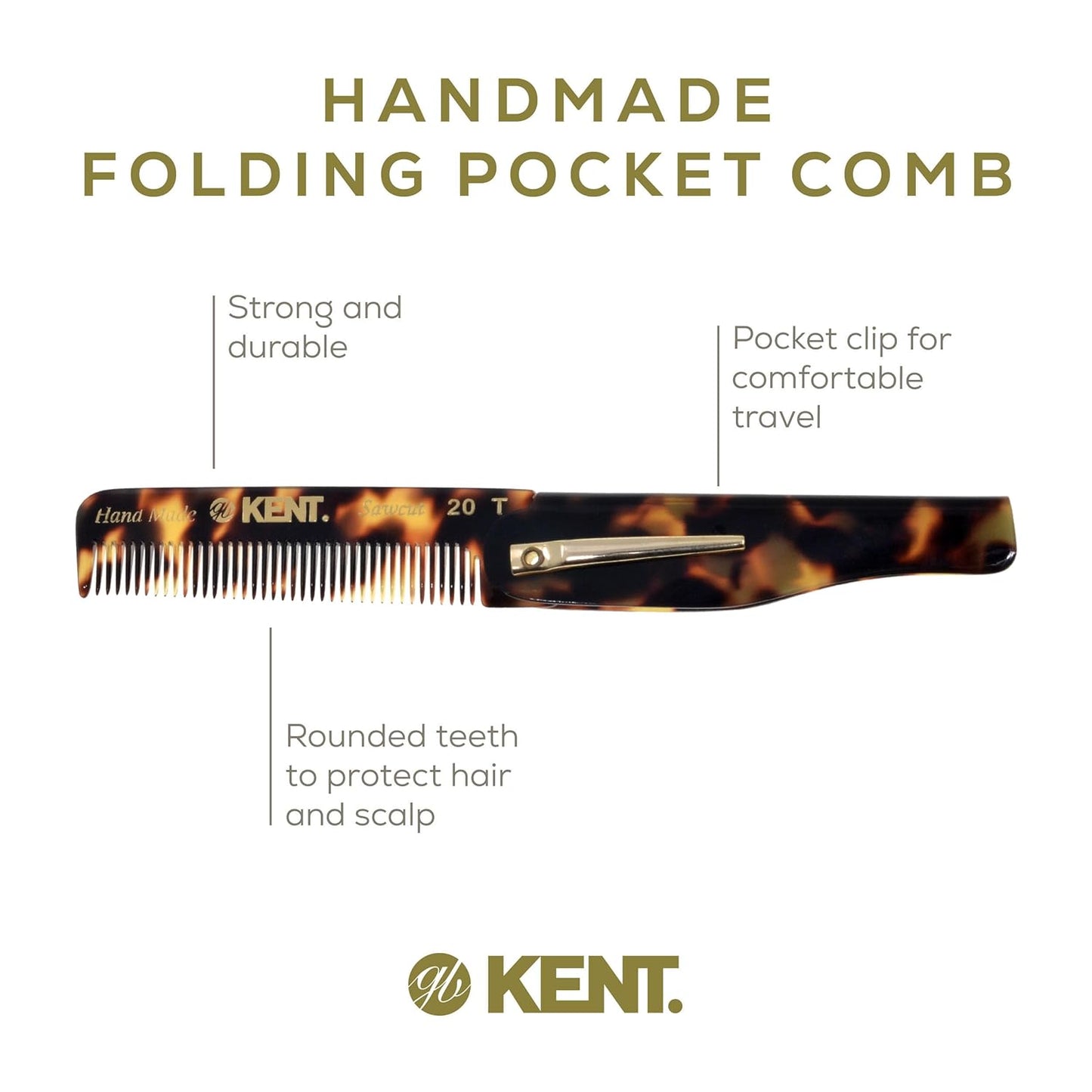 Kent 20T Handmade Fine Tooth Folding Comb with Hand Made Pocket Comb for Beard and Mustache - Fine Tooth Combs - Beard Straightener for Men and Beard Grooming Kit
