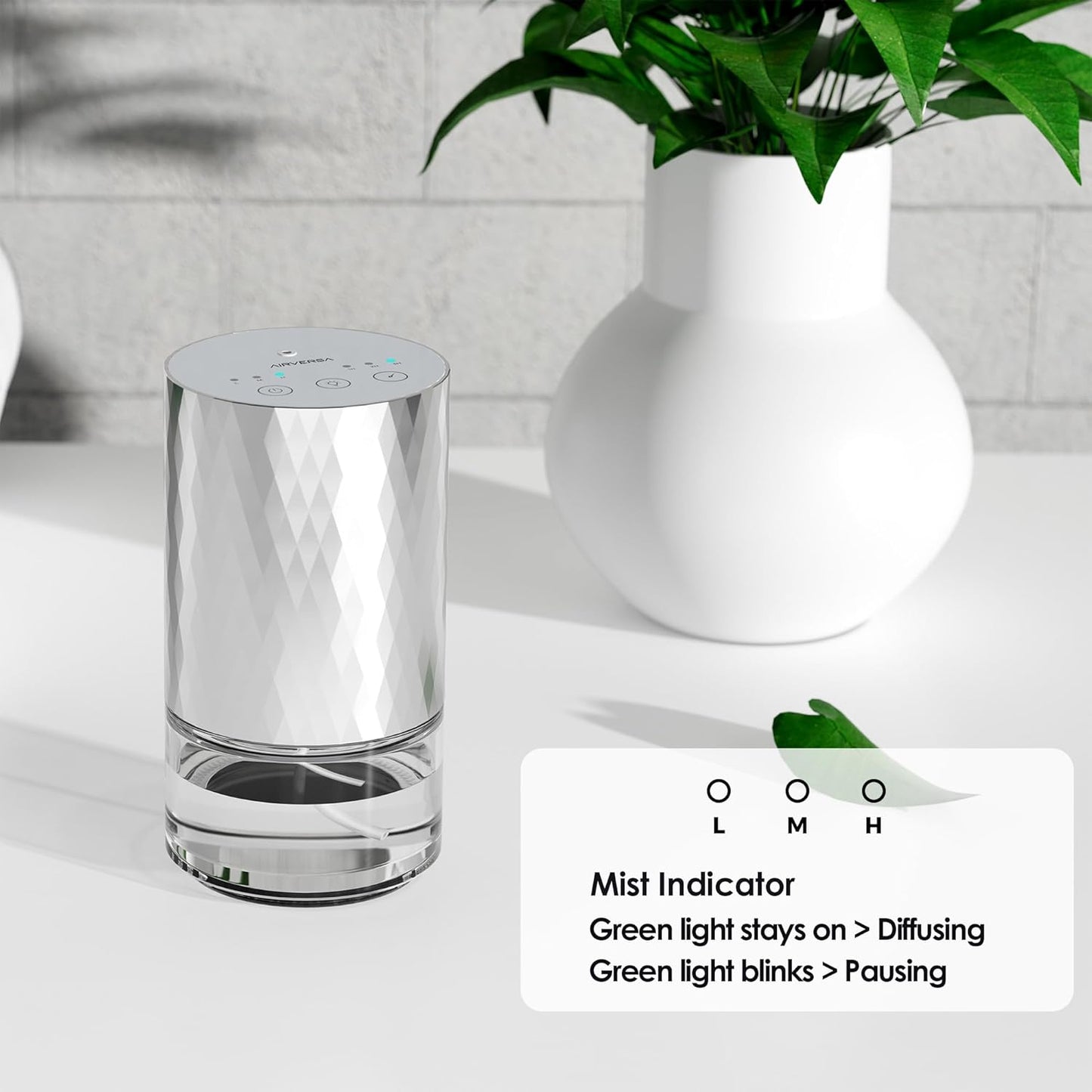 Airversa Waterless Diffuser Essential Oil 100ml Capacity Scent Air Machine for Home Aromatherapy Premium Metal Nebulizer Battery Operated 3 Mist Settings Timers Color Light AN5(Silver)