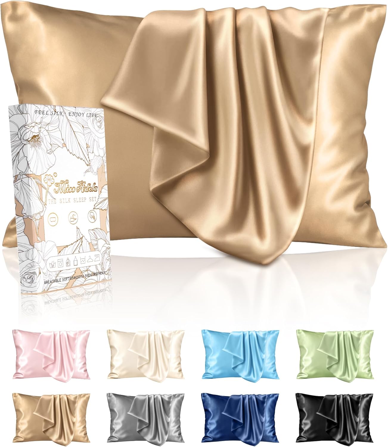 Silk Pillowcase 2 Pack - Pillow Cases Standard Set of 2 Size 20" x 26" for Hair and Skin Smooth Soft Breathable with Hidden Zipper Cooling Pillow Covers for Women, Champagne