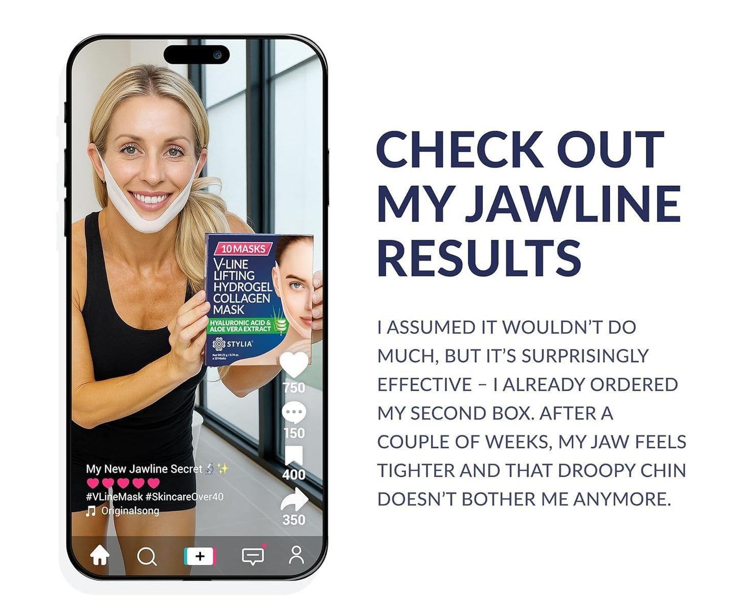 STYLIA V Line Lifting Collagen Face Mask - Lift, Firm & Contour Jawline - Double Chin Strap with Hyaluronic Acid & Aloe Vera - Hydrating Neck & Face Tightening Mask - Chin Strap for Sleeping (20PC)