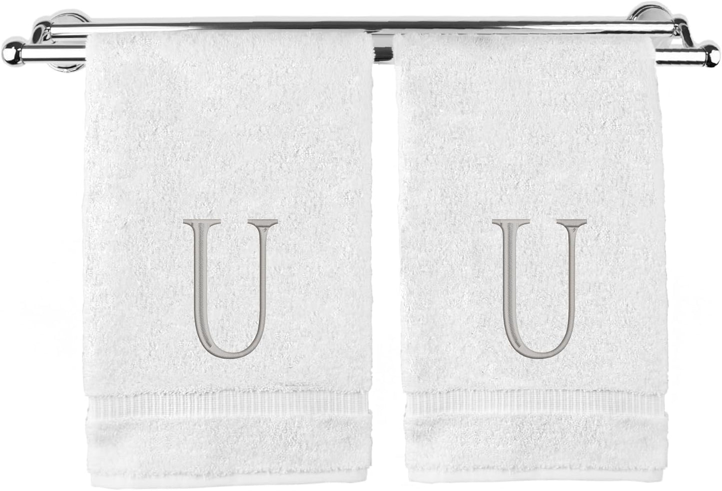 Monogrammed Hand Towel, Personalized Initial Gift, Extra Absorbent 100% Turkish Cotton - Soft Terry Finish - Set of 2 - Silver Block Initial U - Embroidered on White Towels