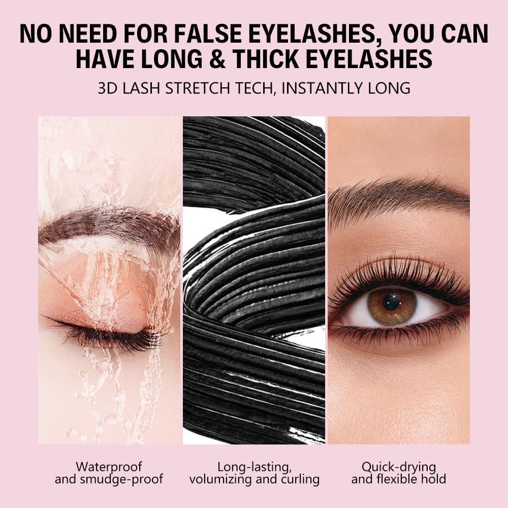 Double-ended Voluminous Waterproof Black Mascara - Buildable Lengthening, Curling & Defining for Dramatic Volume, Smudge-Proof 24H Wear, Cruelty-Free Blackest Black, Vegan