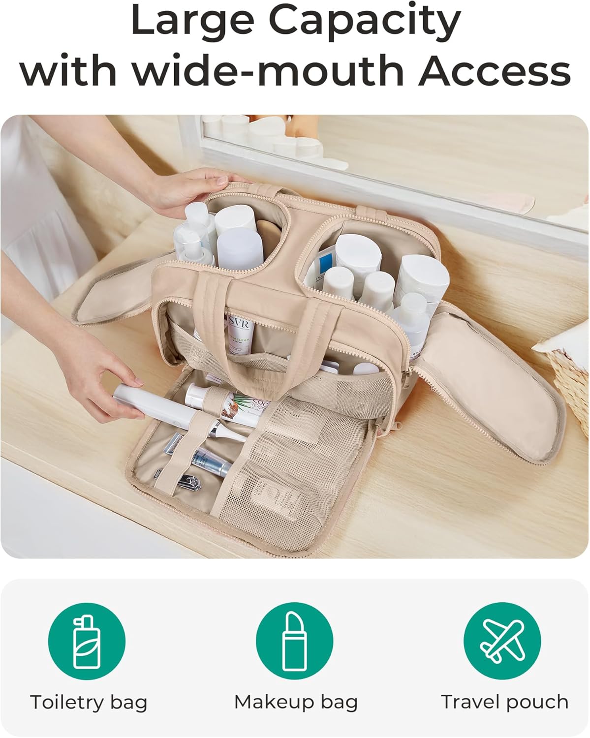 BAGSMART Travel Toiletry Bag, Puffy Toiletry Bag for Women, Wide-open toiletry bags for traveling, Large Travel Cosmetic Makeup Bag Organizer for Accessories,Toiletrie (Khaki)