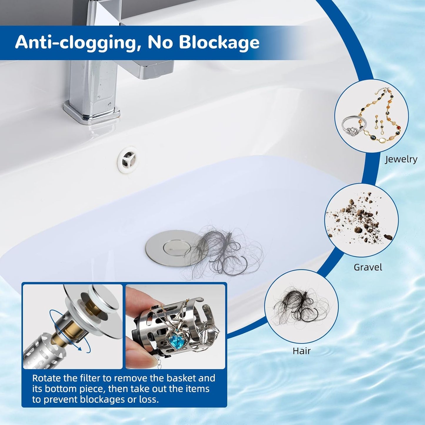 Hibbent Upgraded 3 in 1 Bathroom Sink Drain Strainer, Universal Pop Up Stopper with Removable Stainless Steel Filter Basket Hair Catcher, Sink Plug for 1.1''~2.36'' Basin, Brass Bullet Core, Chrome