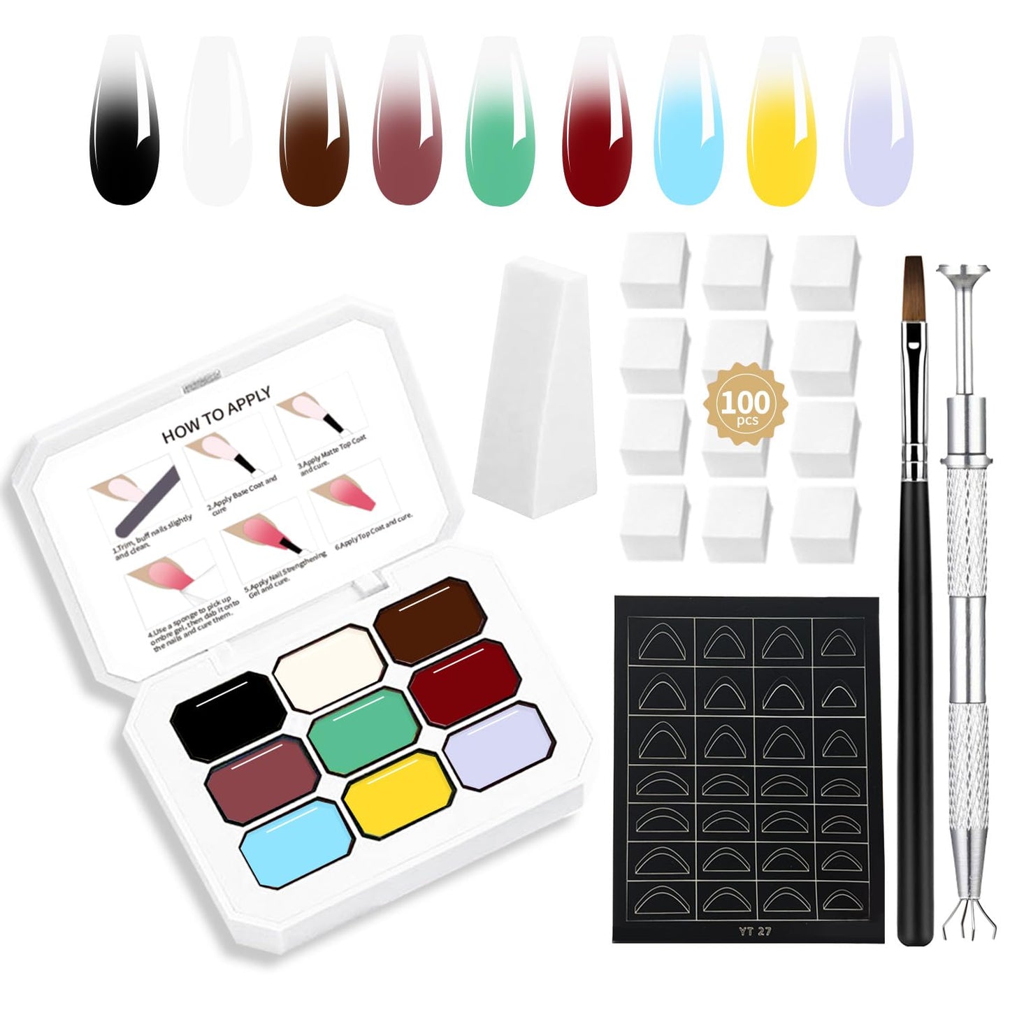 9 Colors Ombre Gel Nail Polish Palette Gradient Painting Gel With 100PCS Nail Sponges & Grabbing Pen ,High Color Rendering Easily Creates Various Blooming Paint Pat Gel For French DIY Nail Art