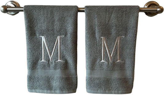 Gray Initial Hand Towel for Bathroom - Monogrammed Luxury Hotel Quality Decorative Embroidered Towel for Powder Room, Spa - GOTS Organic Certified - Set of 2 Silver Letter M