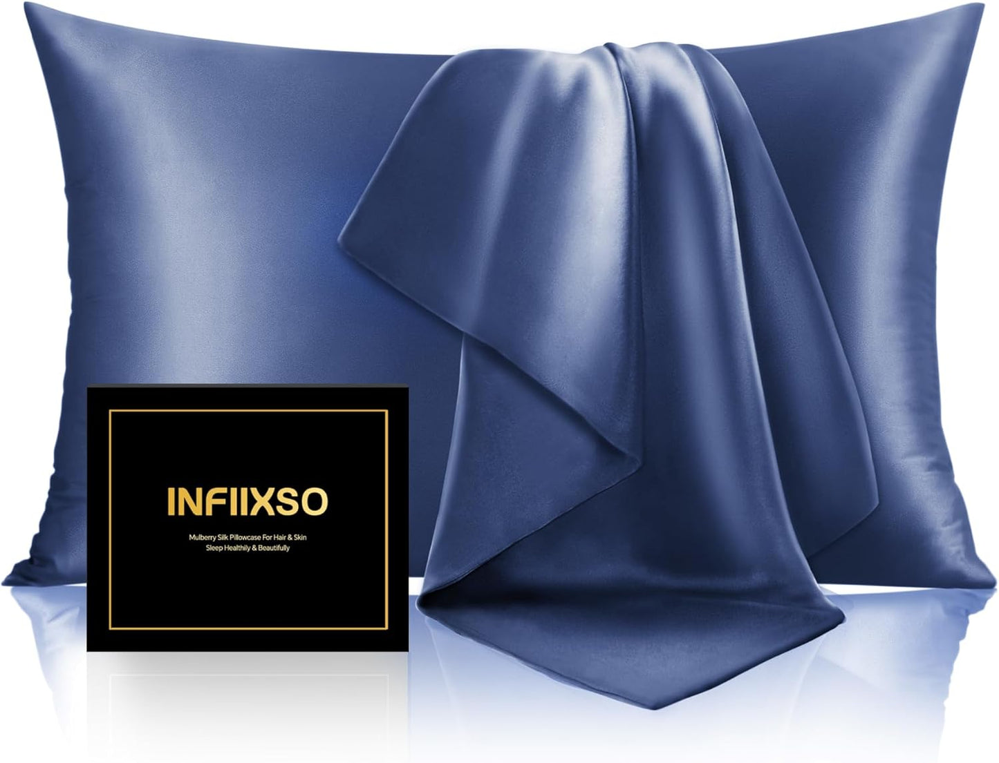 INFIIXSO Silk Pillow Cases 2 Pack Standard Size, Ultra Smooth & Soft Mulberry Silk Pillow Case for Hair and Skin, Breathable Cooling Silk Pillowcase with Hidden Zipper (Navy, 20x26 Inches)