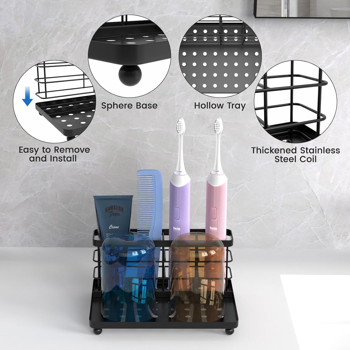 Luxspire Toothbrush Holders for Bathroom, Toothbrush Holder with Tray, Stainless Steel Holder for Toothbrush Toothpaste, Tooth Brushing Holder for Bathroom Countertop, 3-Slot, Black