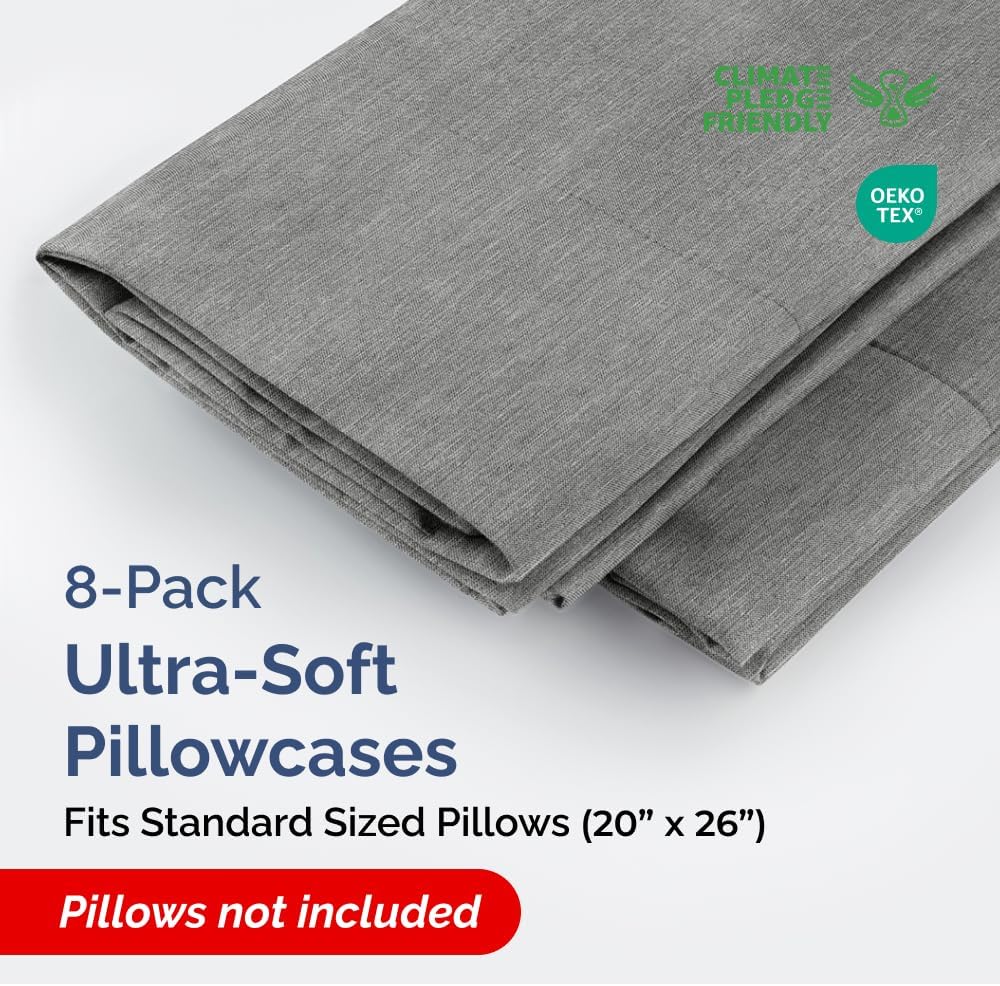 Standard Pillow Cases Set of 8 - Ultra Soft Hotel Quality Pillowcase Covers - Comfy & Wrinkle Free - Shrink, Stain & Fade Resistant - Machine Washable Pillow Protectors - 8 Piece Set - Heathered Grey