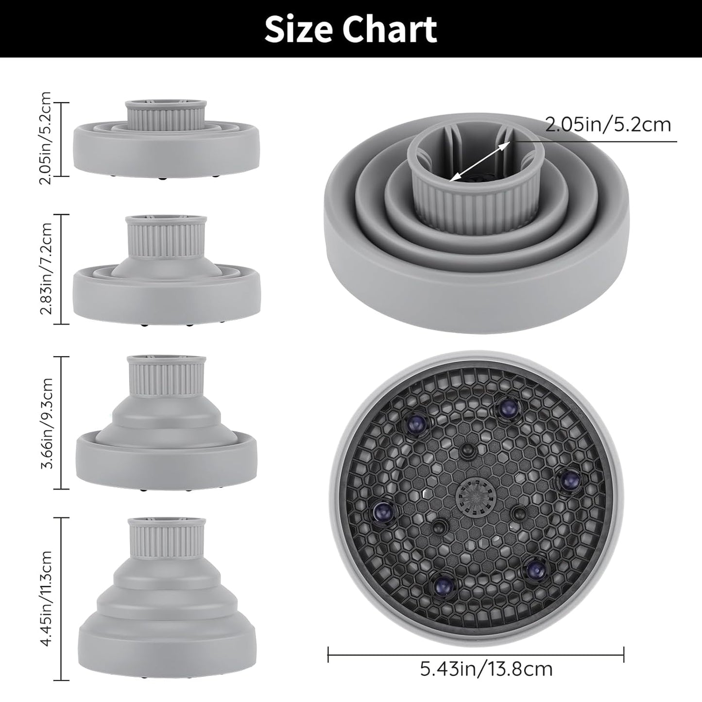 Segbeauty Collapsible Blow Dryer Diffuser, Travel Portable Hair Diffuser for Natural Curly Hair, Professional Lightweight Folding Diffuser Attachment for Dryers Nozzle 1.54 to 1.69 inches Gray