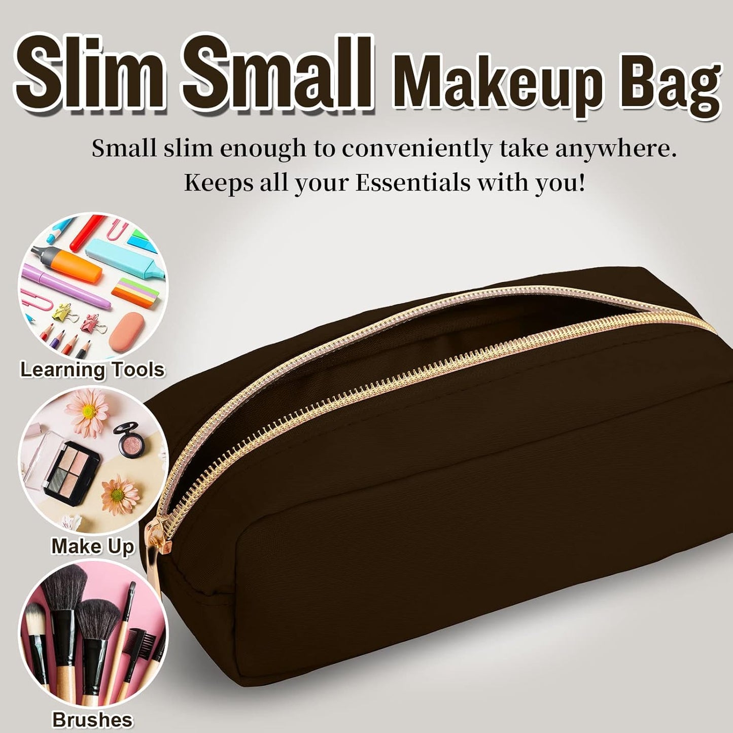 izuzta Nylon Small Makeup Bag Slim Pouch, Preppy Cute Makeup Brush Case Bag Cosmetic Zipper Pouch for Purse, Waterproof Travel Toiletry Bag Clutch Coin Pouch Make Up Organizer for Women(Brown)