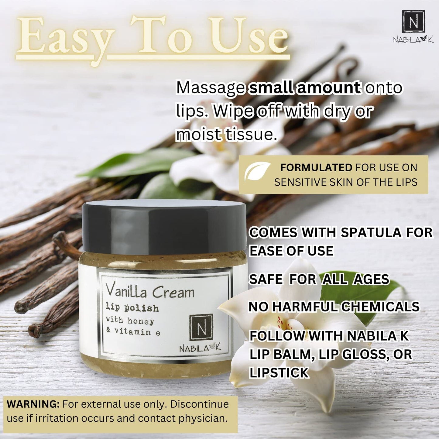 Vanilla Cream Lip Polish, 1 oz by Nabila K - Hydrating Lip Exfoliator & Moisturizer with Honey and Vitamin E for Dry and Chapped Lips - Cruelty-Free, Real Sugar, Made in USA