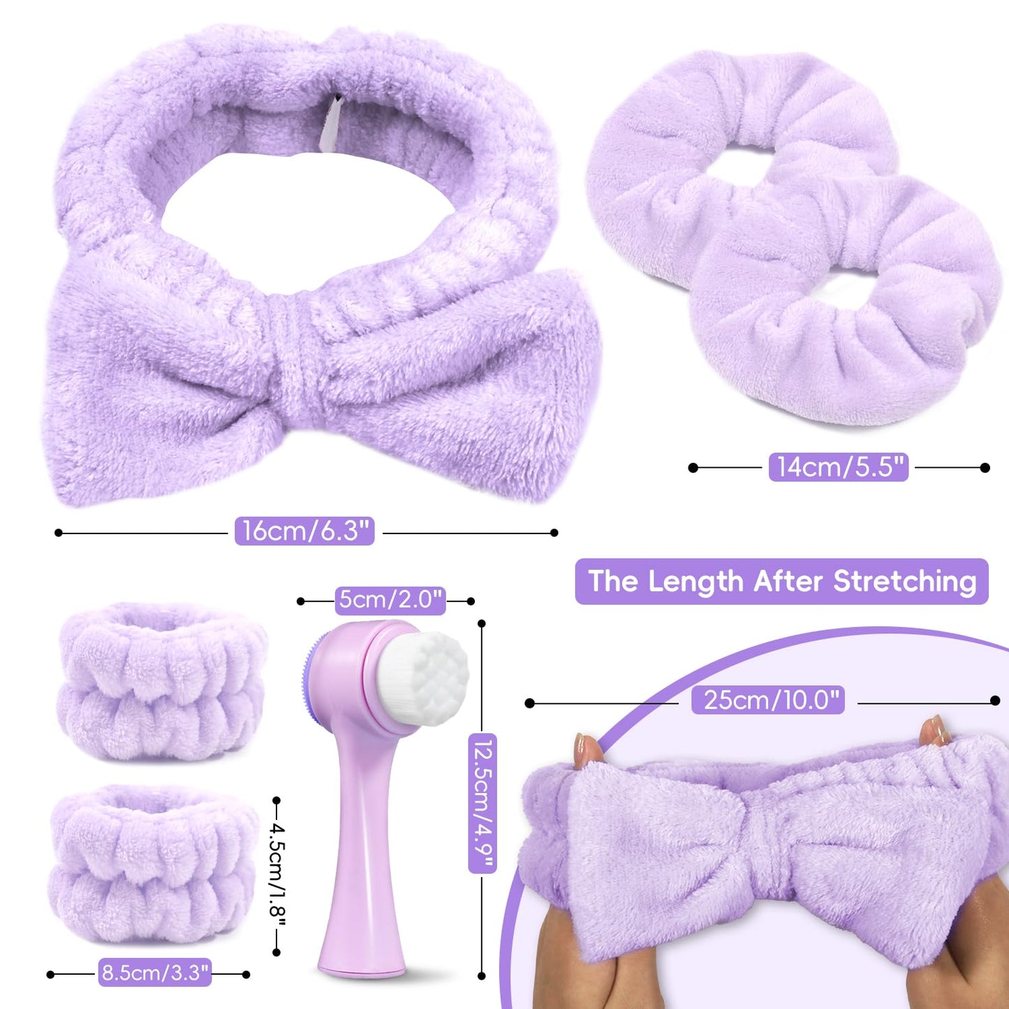 Spa Headband for Washing Face, Skincare headband and wristband set, Facial Cleansing Brush, 2-in-1 Skin Care face Brush, Come with a Hair Scrunchie For Massaging Makeup Skincare-Purple