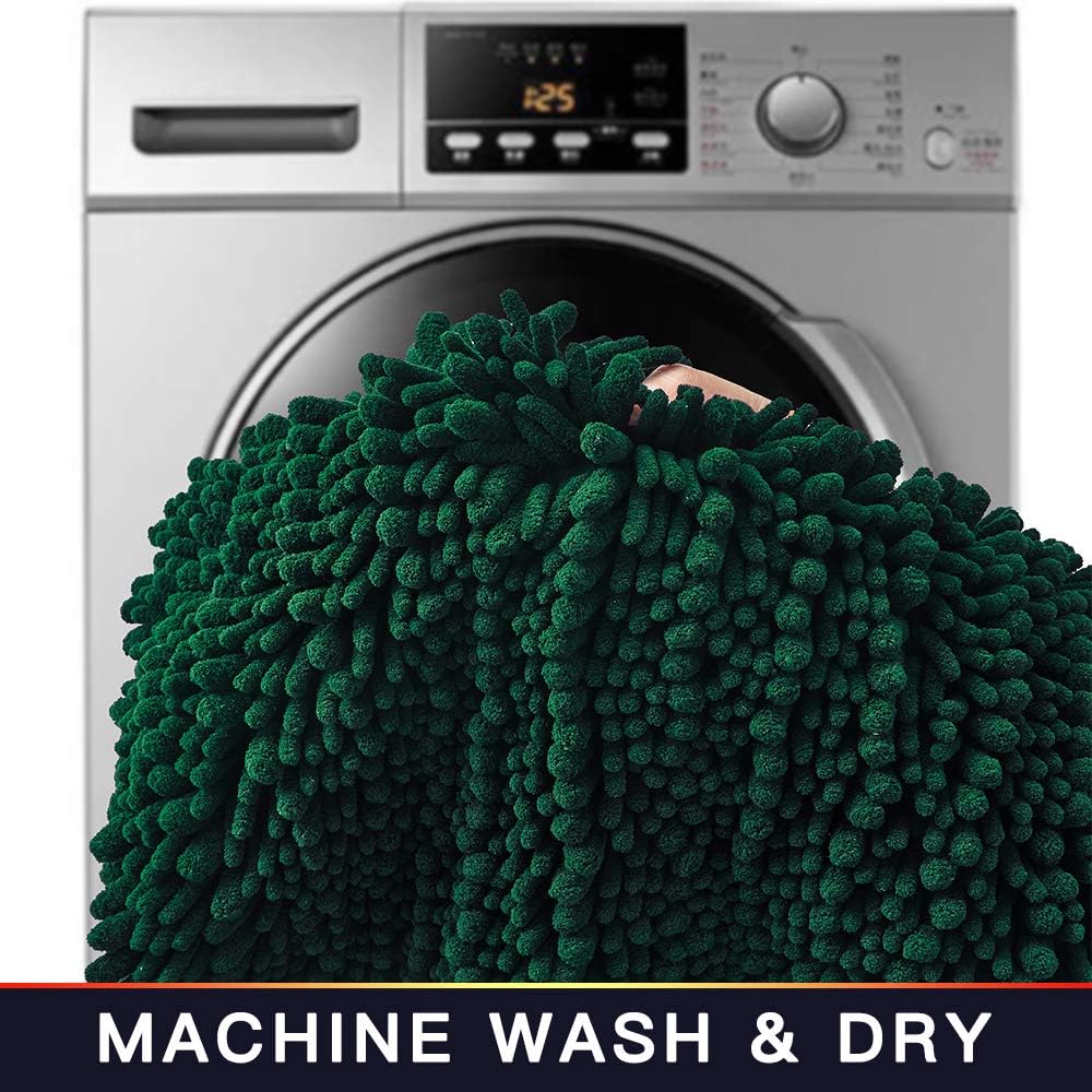 Walensee Bathroom Rug 2 Pieces Set Non Slip Bath Mat (17x24 Plus 20x32 Inch Hunter Green) Water Absorbent Super Soft Shaggy Chenille Machine Washable Dry Extra Thick Perfect Carpet for Shower Floor