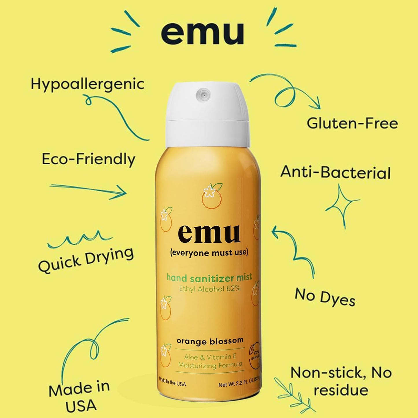 EMU (EVERYONE MUST USE) Hand Sanitizer pocket spray, Travel size 2.2oz. Cleanses Your Hands, Hydrating. Hand soap bulk. 24-hour disinfectant sanitizing. Made in USA (Orange Blossom_3)