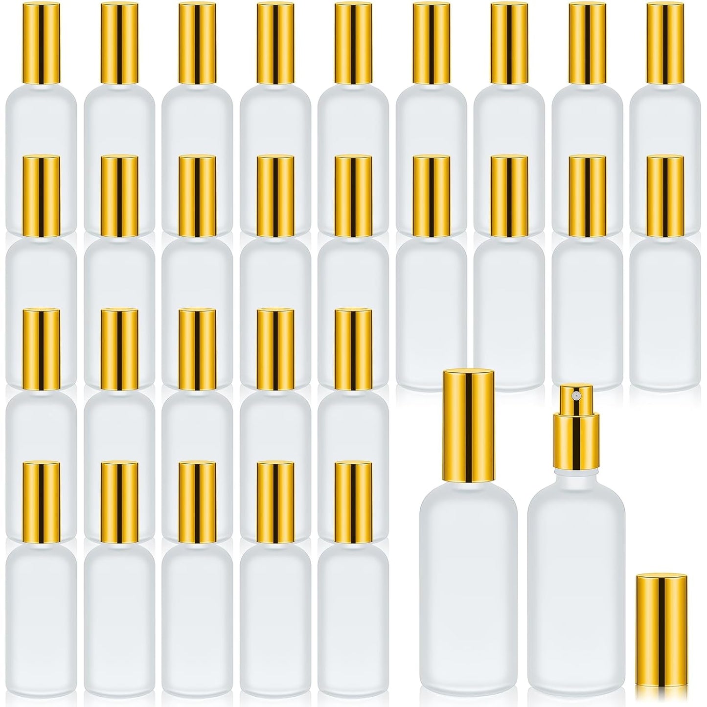 Roshtia 30 Pcs 3.4 oz/ 100 ml Gold Glass Spray Bottle Refillable Perfume Atomizer Clear Decorative Empty Bottles with Fine Mist Sprayer Pump for Face Body Travel