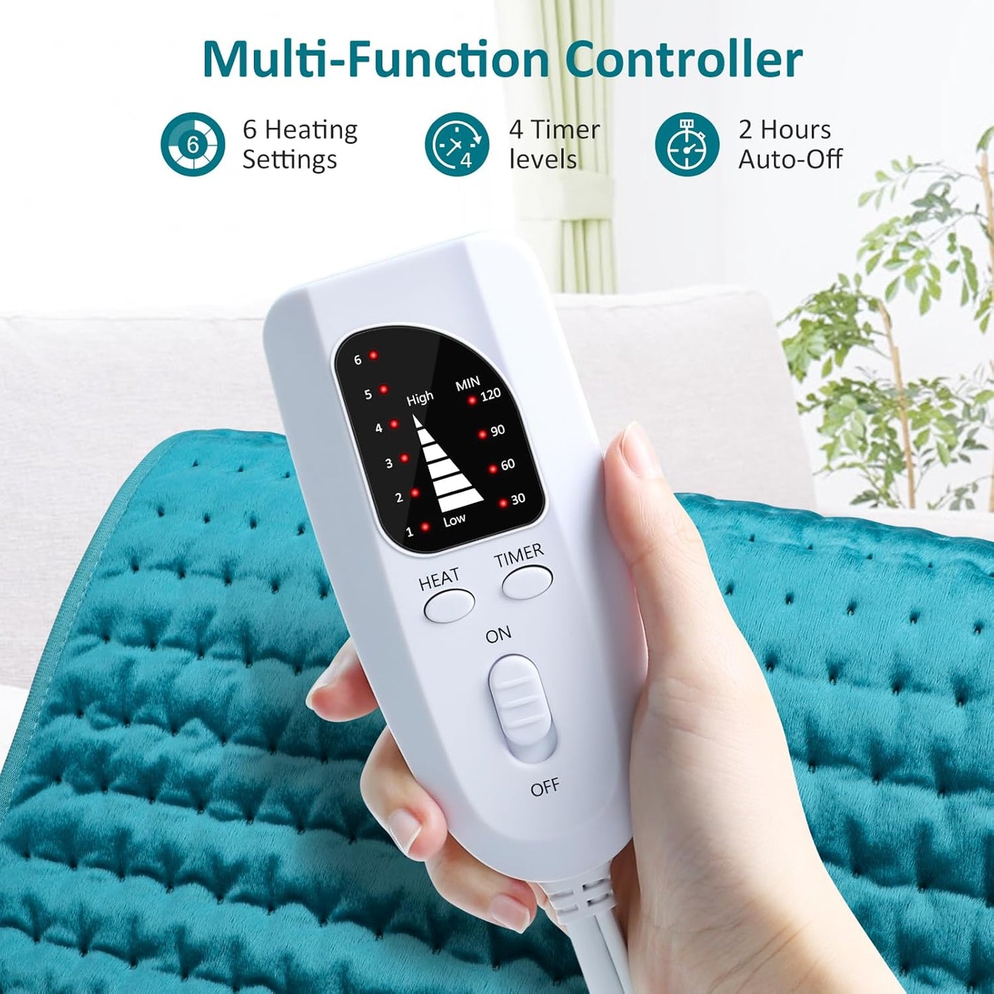 Electric Heating pad for Back/Shoulder/Neck/Knee/Leg Pain, Cramps and Arthritis Relief, 6 Fast Heating Settings, Auto-Off, Machine Washable, Moist Dry Heat Options, Extra Large 17" x33"