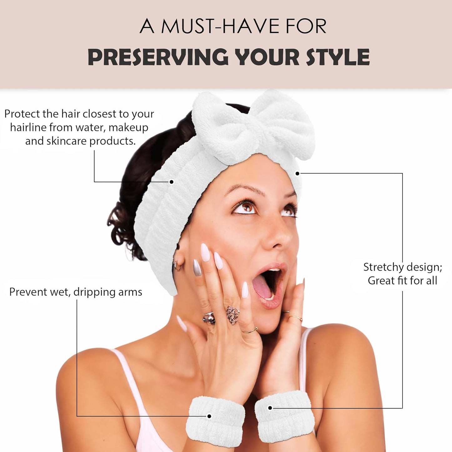 Ayesha White Spa Headband and Wristband Set for Skincare Makeup Headband Wrist Cuffs for Washing Face Bubble Skincare Hairband for Women Girls (White set)