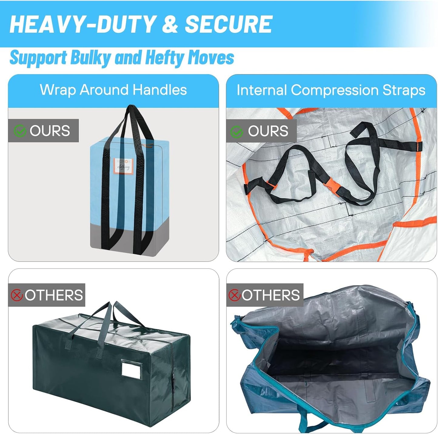 2 Pack Moving Bags, Heavy Duty Storage Bags with Zipper, Extra Large Packing Bags with Internal Compression Straps, Wrap Around Handles, Alternative to Moving Boxes, Blue and Black