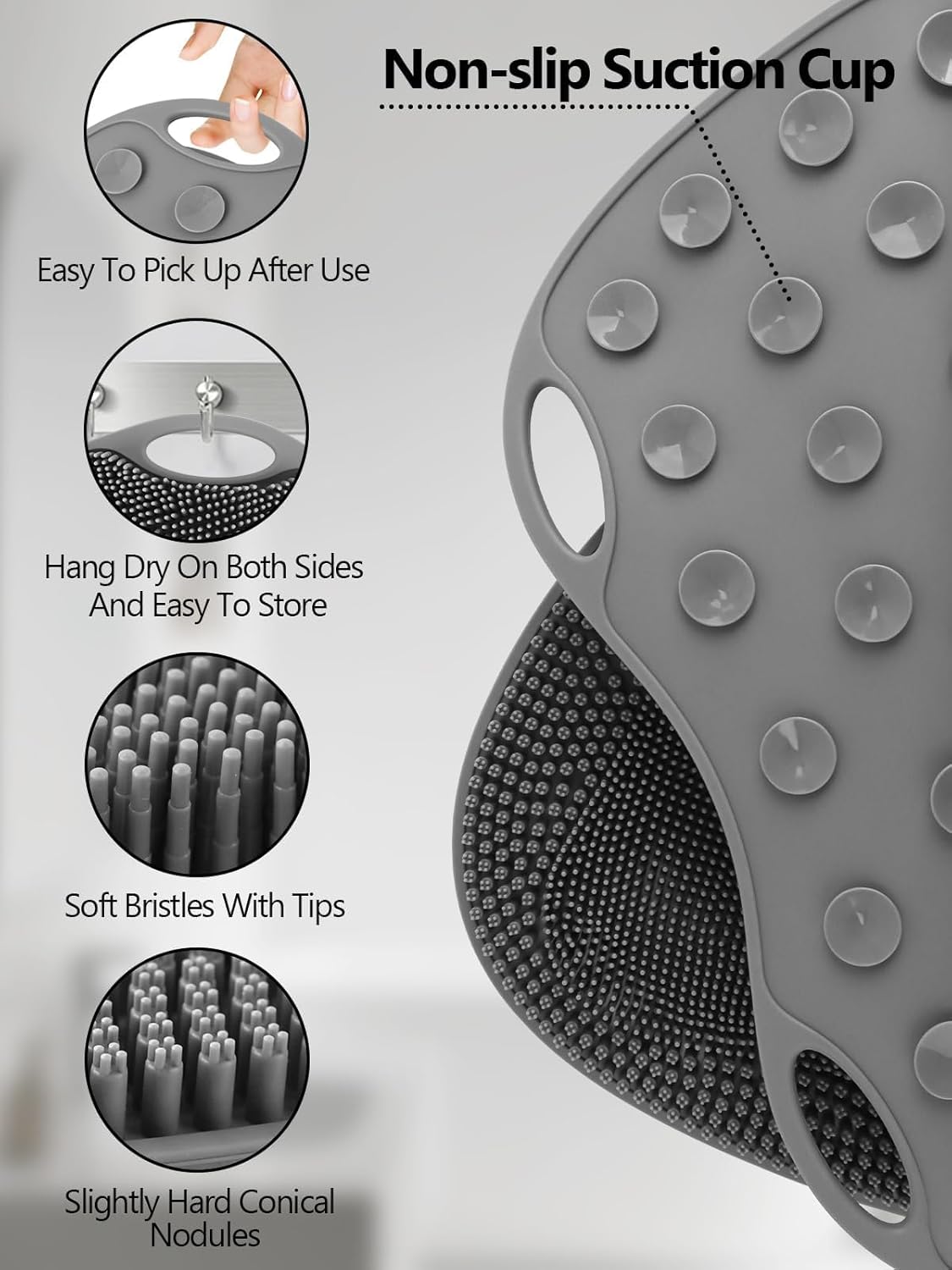 Kalolary Silicone Shower Foot Scrubber Mat, Large Foot Scrubber in Shower with Non Slip Suction Cups Foot Cleaner Brush to Clean Exfoliate and Massage Feet Without Bending Over Easy to Clean (Grey)