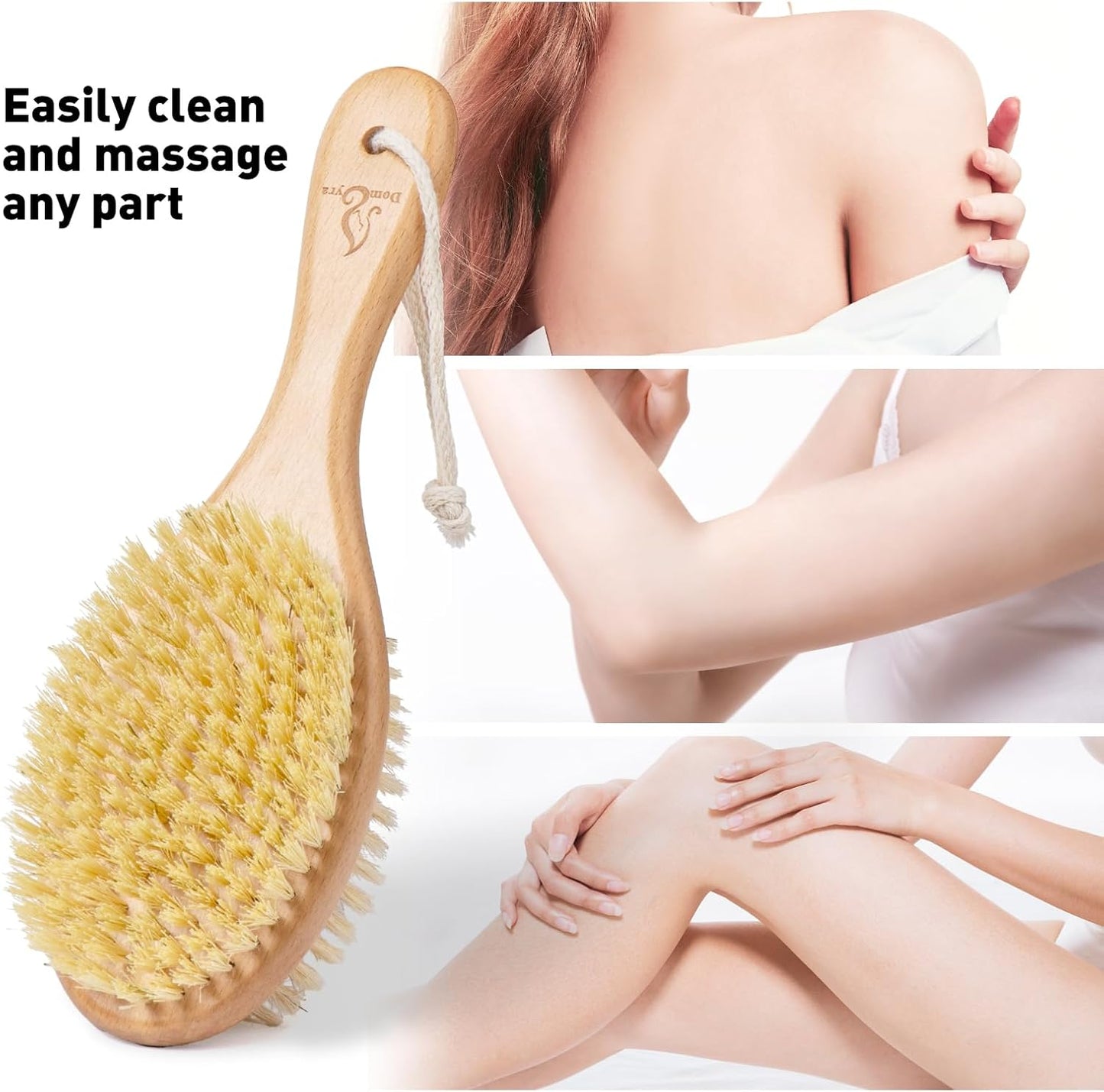 Short-Handle Dual-Sided Bath Massage Brush, Soft Boar & Firm Sisal Bristles, Portable (Natural Beech Wood)