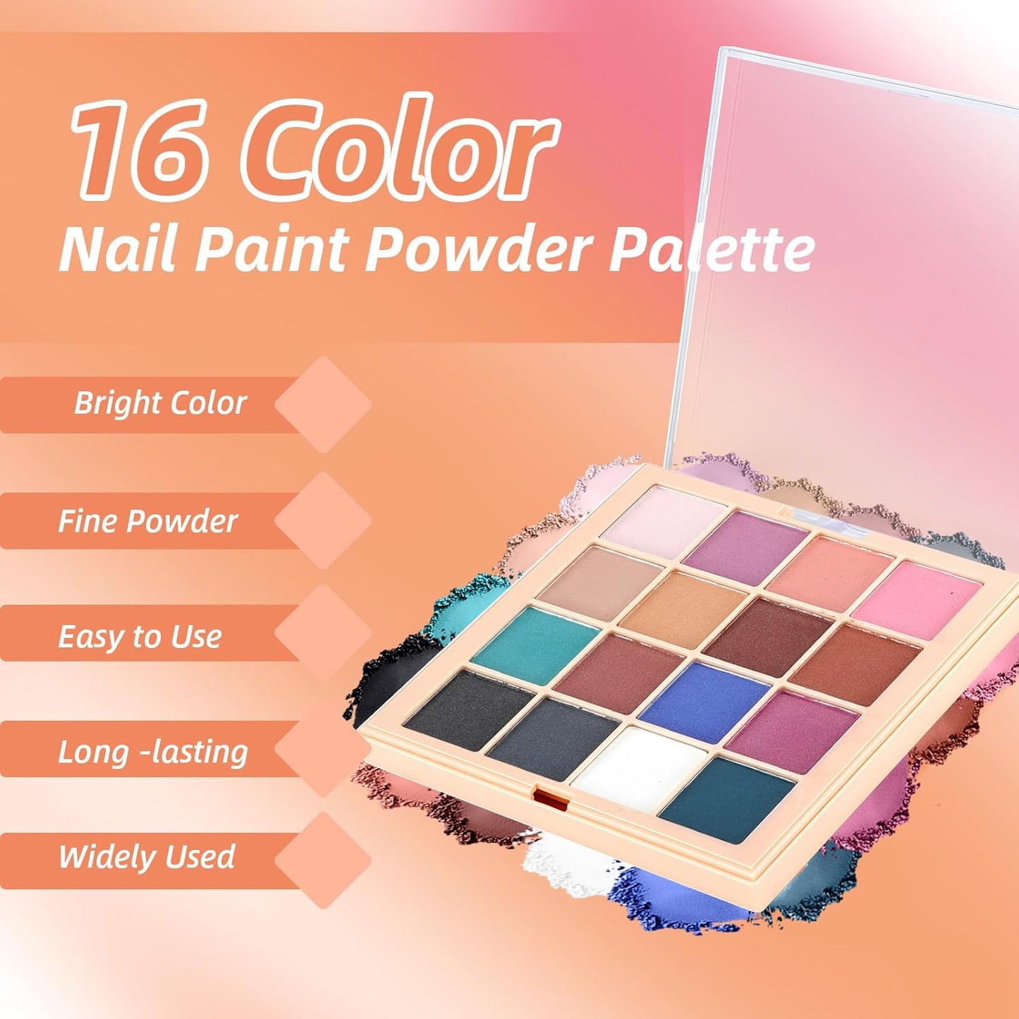 Nail Pigment Powder Palette Set, 16 Bright Colors Ombre Nail Powder Palette Brown Pink French Aura Nails Ombre Nail Brush Nail Long-lasting Manicure Art DIY Accessories (08)