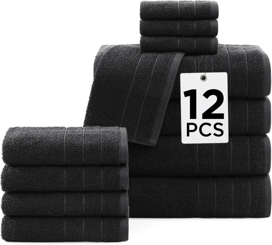 Casa Platino 100% Mercerized Cotton Luxury Bathroom Towels Set - 12 Piece - Ring Spun Technology - 4 Bath, 4 Washcloths, 4 Hand Towels - Remains Soft & Absorbent Even After Multiple Washes - Black