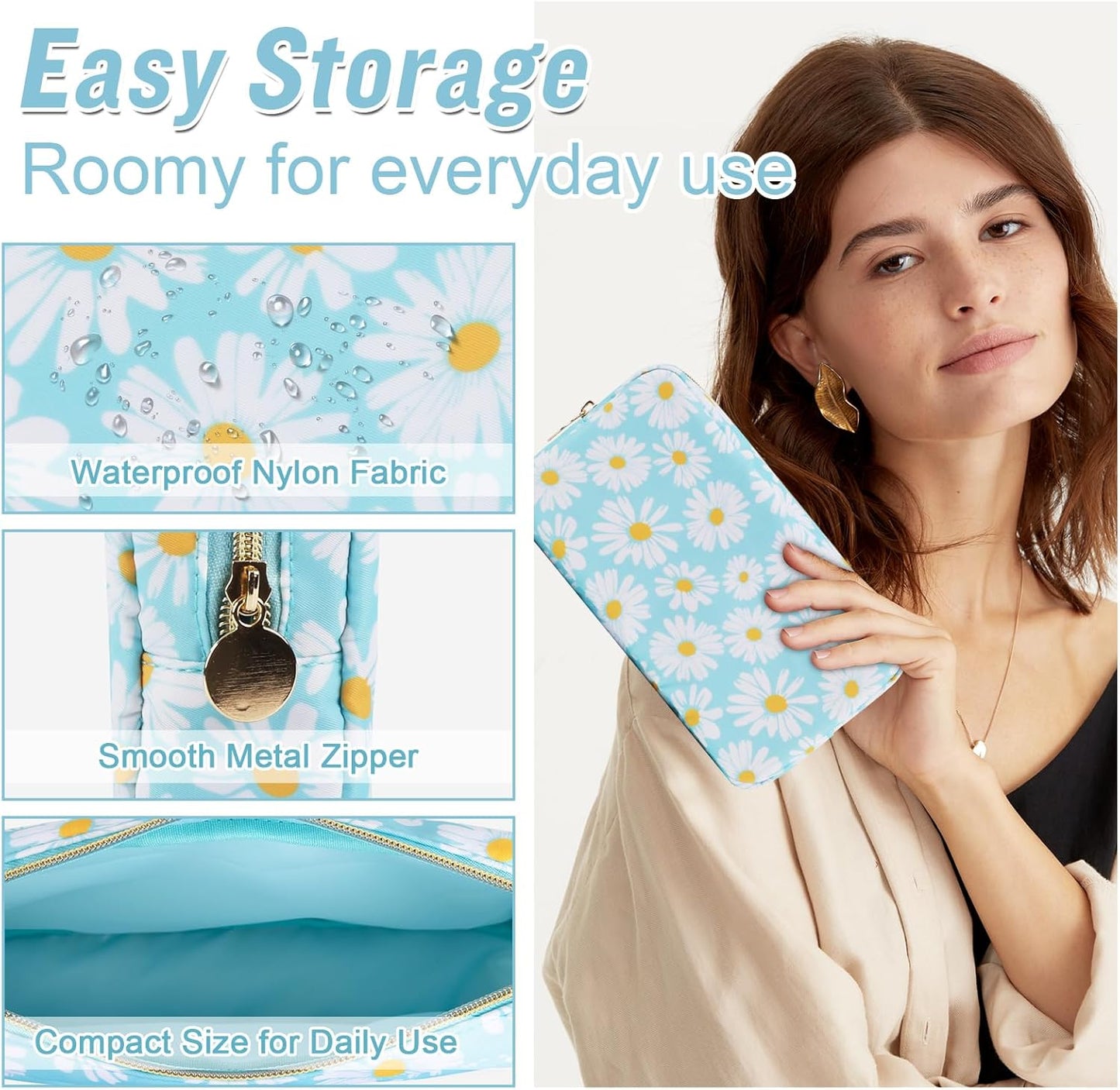 Nylon Small Floral Makeup Bag for Purse, Cute Preppy Travel Makeup Bag Flower Cosmetic Zipper Pouch Purse, Waterproof Portable Toiletry Makeup Brush Bag Clutch Organizer Storage for Women(Blue-Daisy)