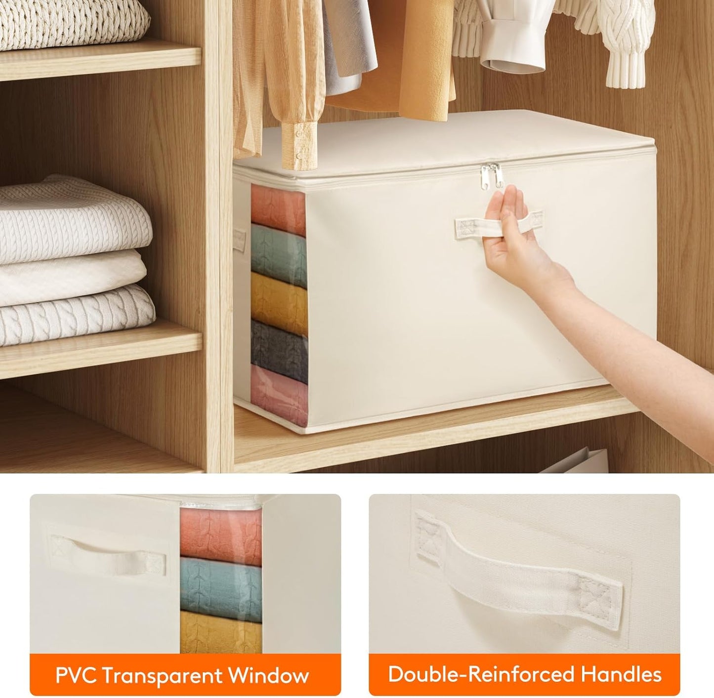 Lifewit Canvas Cotton Comforter Storage Bags with Zipper 4 Pack, 60L Breathable Foldable Clothing Containers, Linen Sweater Organizers Boxes for Clothes, Blankets, Pillows, Duvets, Bedding