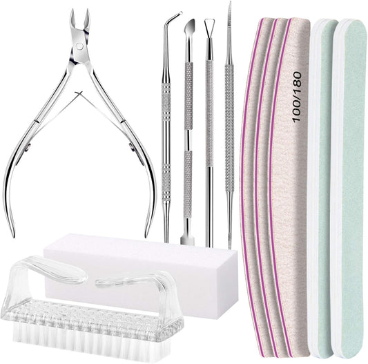 FANDAMEI Manicure Kit, Nail Files 100/180, Cuticle Nippers, Nail Buffer Block, Cuticle Pusher, Cuticle Peeler, Ingrown Toenail Tool, Toenail File, Nail Care Kit, Nail Tools for Manicure, White