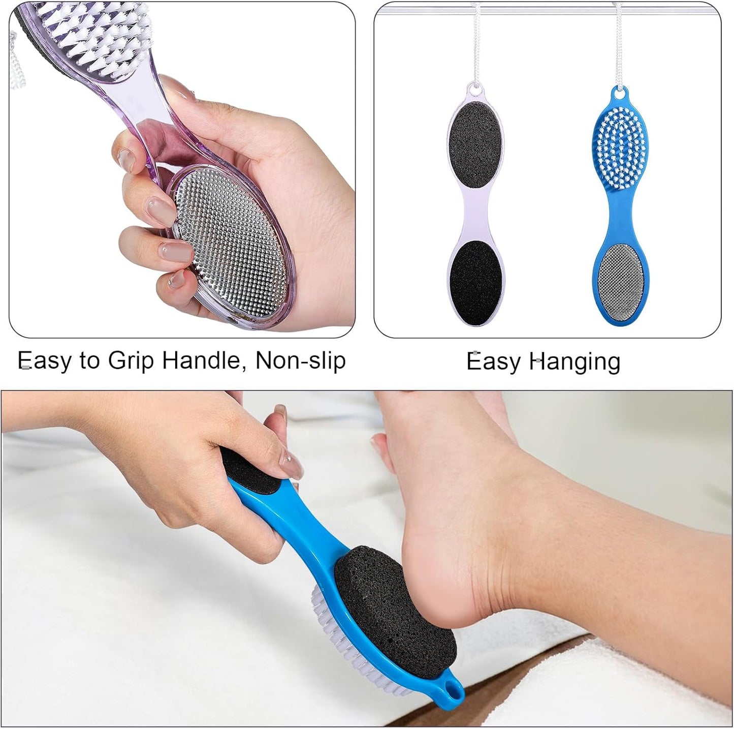 Pumice Stone Brush for Feet 4 in 1, Foot File Callus Remover, Foot Rasp and Sand Paper Pedicure Tools with Handle, Shower Foot Scrubber, Soft Smooth Feet for Home Foot Care,2 Pack