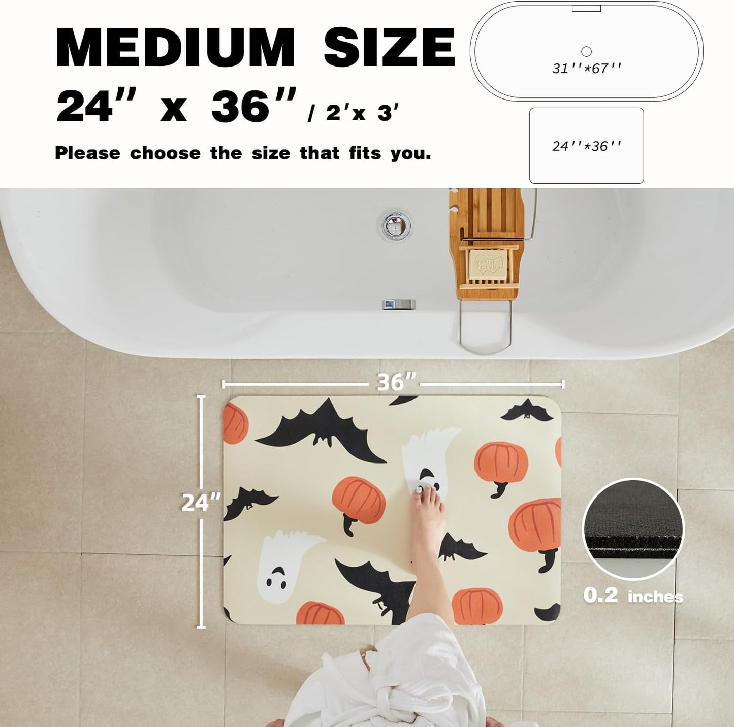 Halloween Bath Mat, Thin Bathroom Rug Non Slip Quick Dry Pumpkin Bath Mat Fits Under Door Thin Floor Mat Halloween Decor, 24''x36'', Pumpkins Bats and Ghost