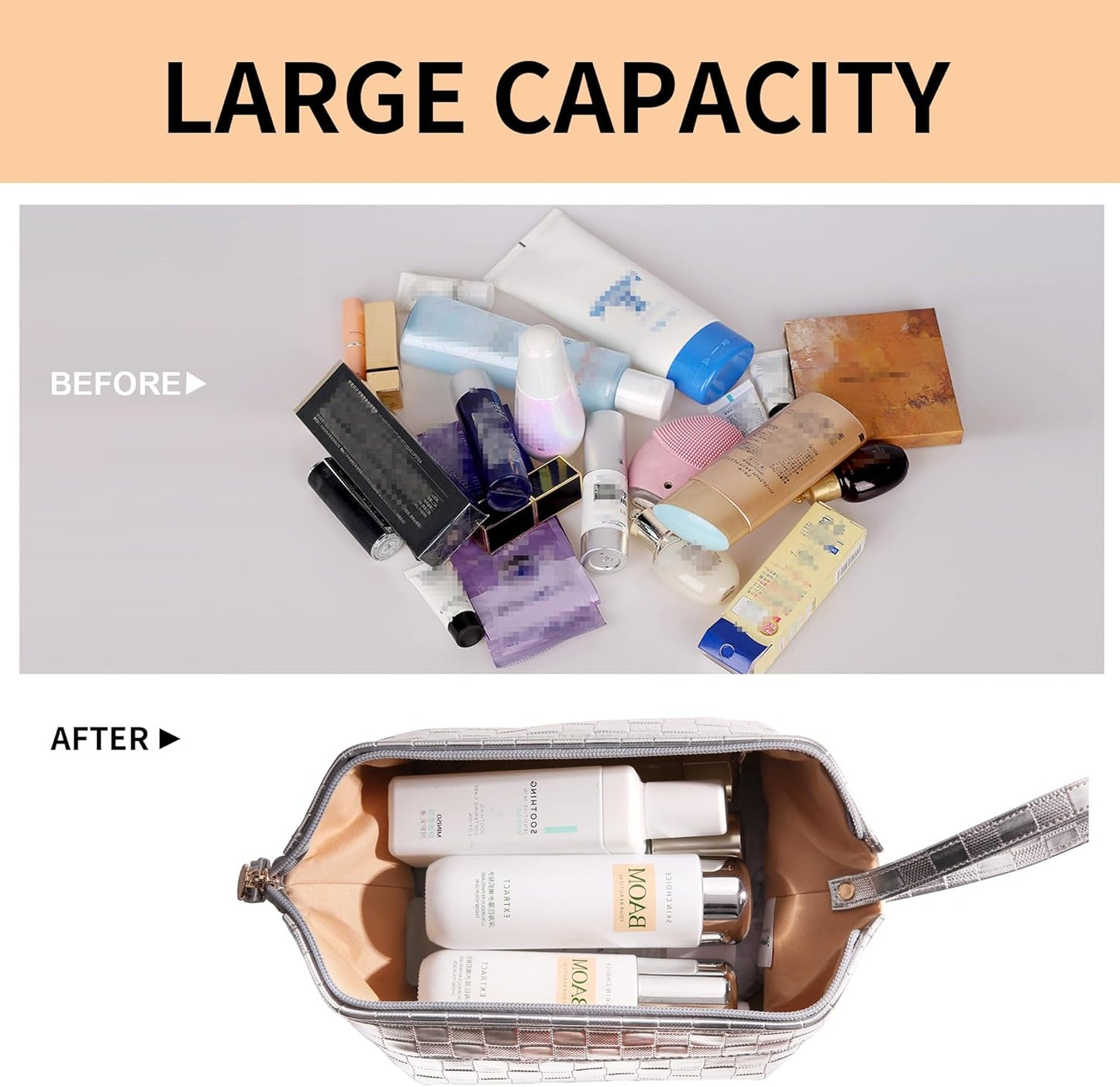 Abiudeng Large Capacity Makeup Bag Ladies Cosmetic Bag Travel Bag with Compartments Portable PU Leather Travel Makeup Bag with Handle