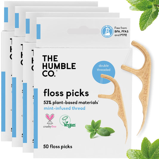 The Humble Co. Floss Picks (200 Count) – Plant Based Dental Floss Picks for Superior Oral Care, Dental Hygiene, and Gum Health, Cruelty Free Tooth Floss Picks (Mint, Double Thread)