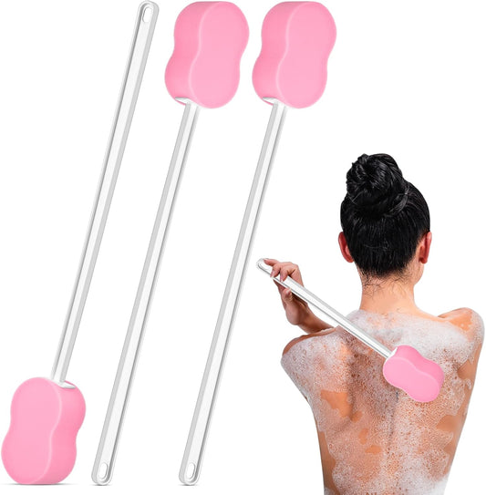 3 Pcs Long Handle Bath Sponge 22.4'' Back Sponge on a Stick Lightweight Back Washer Handled Butt Scrubber Shower Brush for Foot Body Cleaning Bathing Limited Motion(Pink)